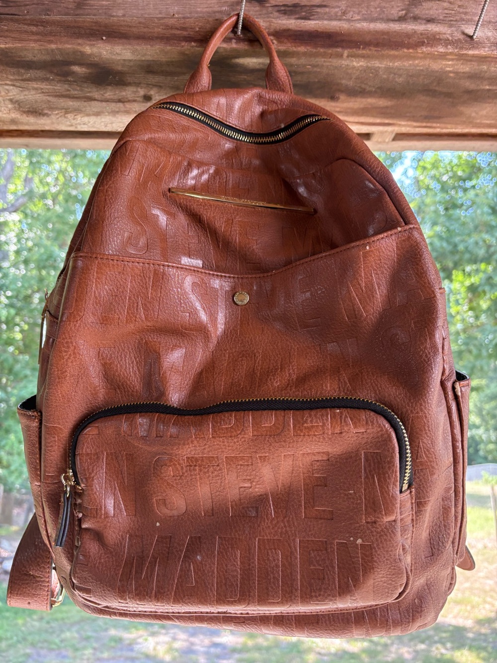 Steve Madden Brown Logo Embossed Backpack – Faux Leather Daypack